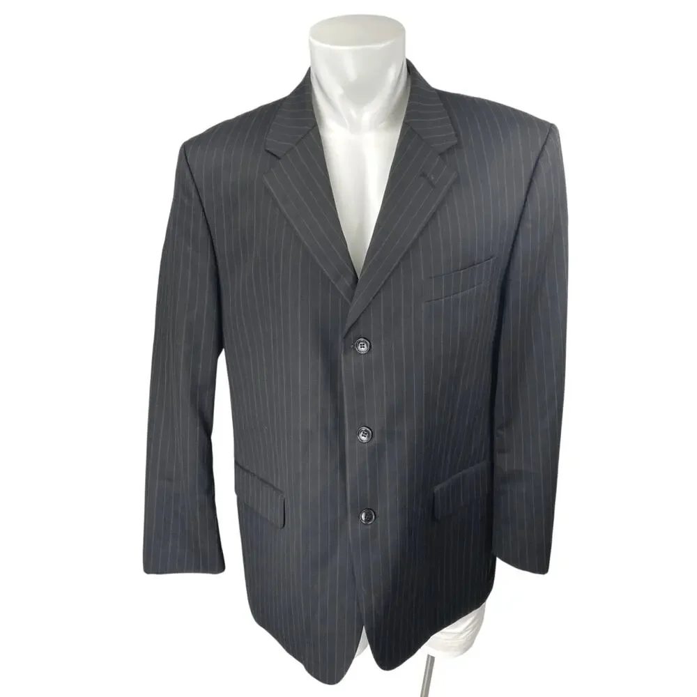 S&K Men's Black 100% Wool Pinstriped Long Sleeve Blazer Coat Suit Jacket Size 46